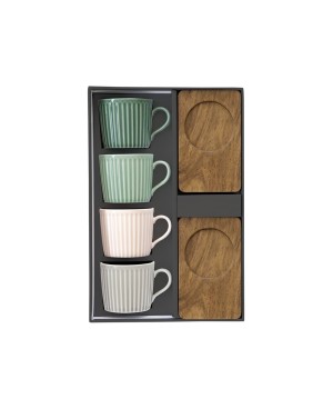 Coffret de 4 tasses à café sur sous tasses acacia