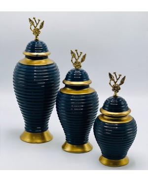  3 Vases Décoratifs Bleu et Doré