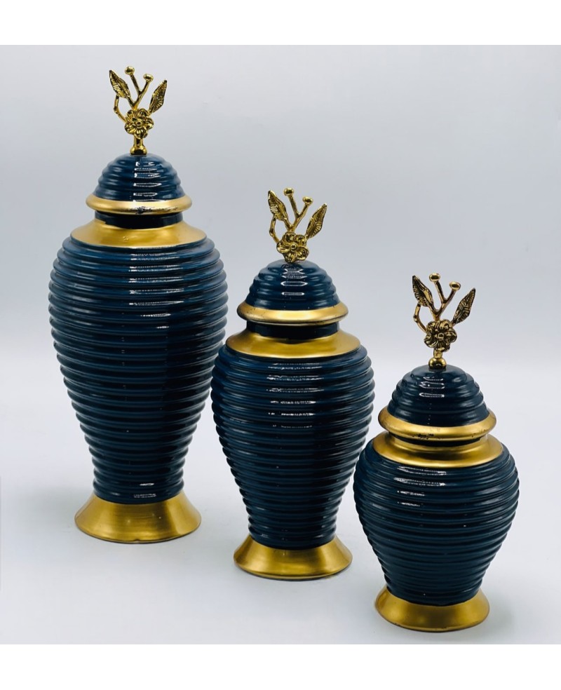 3 Vases Décoratifs Bleu et Doré