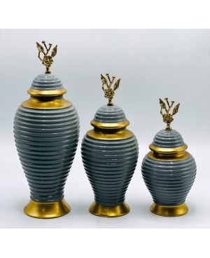  3 Vases Décoratifs Gris et Doré
