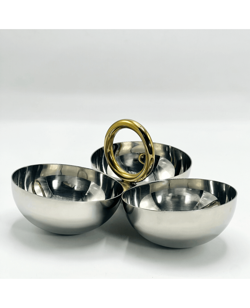 Presentoir de 3 Bols en Inox avec manche dorée MM