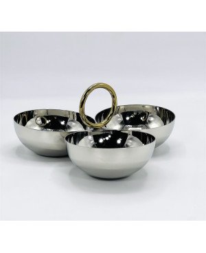  Presentoir de 3 Bols en Inox avec Manche Dorée GM