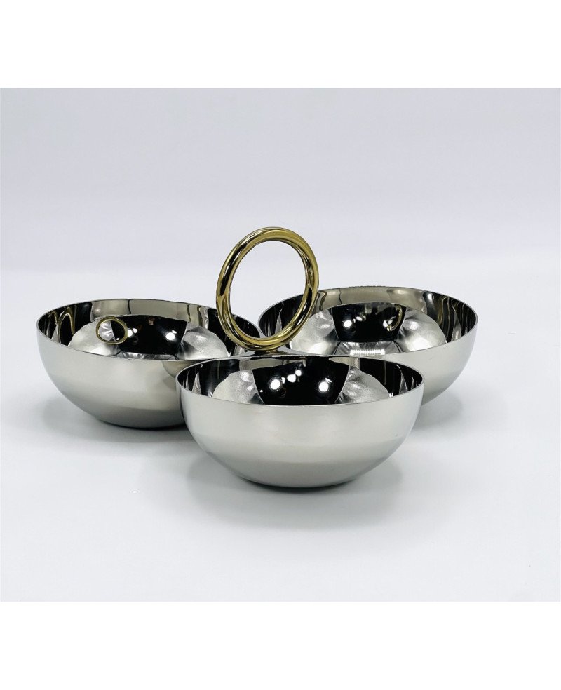 Presentoir de 3 Bols en Inox avec Manche Dorée GM